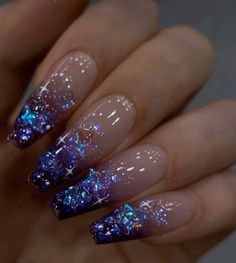 dvok_official on ig Cellophane Nails, Night Inspired Nails, Nail Ideas Galaxy, Milky Way Nails, Galaxy Themed Acrylic Nails, Almond Nails Galaxy, Purple And Blue Nails, Purple Nails Galaxy, Dark Blue Galaxy Nails