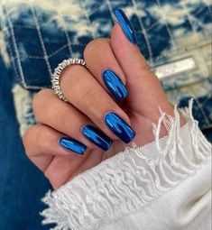 Dark Blue Chrome Nails Designs, Nails Crome Blue, Square Blue Chrome Nails, Coffin Chrome Nails, Blue Chrome Short Nails, Dark Teal Metallic Nails, Blue Chrome Nails, Short Coffin Nails, Pumpkin Nails