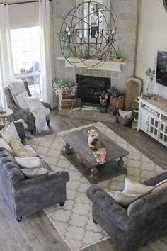 a living room filled with furniture and a fire place in the middle of a room