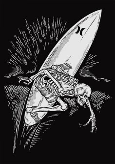 a skeleton carrying a surfboard on it's back