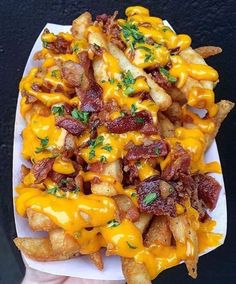 a white plate topped with cheesy fries covered in cheese