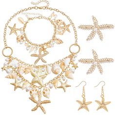 PRICES MAY VARY. 🌊🌊SHELL STARFISH MERMAID ACCESSORIES - You will receive 1*seashell starfish necklace, 1*seashell starfish bracelet, 2*starfish hair clips, 2*starfish earrings, mermaid seashell starfish accessory for Hawaiian costume and Halloween mermaid costume. 🌊🌊STARFISH SEASHELL CONCH PEARLS NECKLACE BRACELET - Beautiful shells, starfish, conch, pearls, make up a unique necklace and bracelet. The starfish seashell conch pearls necklace bracelet comes with an extension chain so you can adjust it to your size. This beach jewelry set will make you even more eye-catching! 🌊🌊STARFISH ACCESSORIES - Pearls starfish hair clips and starfish earrings will make you look unique and beautiful, which are suitable for women or girls of different ages. Mermaid seashell starfish accessory beach Mermaid Costume Accessories, Halloween Mermaid Costume, Starfish Accessories, Conch Pearls, Hawaiian Costume, Halloween Mermaid, Starfish Hair Clip, Conch Seashell, Mermaid Seashell