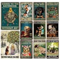 several vintage posters with dogs and people on them, all in different styles or colors