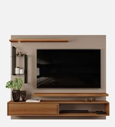 a flat screen tv mounted to the side of a wooden entertainment center in a living room