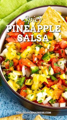 A chip inside a bowl full of the delicious spicy pineapple salsa. Hot Salsa Recipes, Chunky Salsa Recipe, Habanero Salsa Recipe, Pineapple Salsa Recipe, Spicy Pineapple, Homemade Salsa Recipe, Mexican Breakfast Recipes