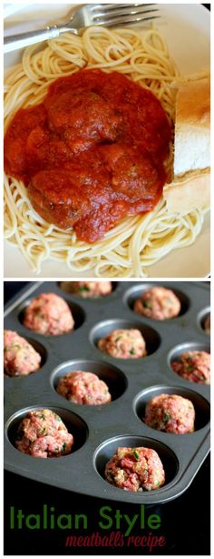 spaghetti and meatballs in a muffin tin with the words italian style on it