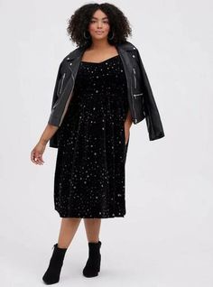 NWT Torrid Plus Size 0 Large SKATER MIDI DRESS - VELVET STARS BLACK | eBay Plus Size Skater Dress, Plus Size Leather Jacket, Bright Blue Dresses, Velvet Skater Dress, Velvet Dress Short, Midi Skater Dress, Floral Prom Dresses, Plus Size Mini Dresses, Fashion To Figure