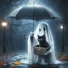 a black cat in a ghost costume holding an umbrella