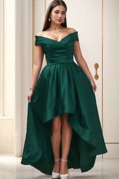 Hunter Green Hunter Green Prom Dress, High Low Party Dresses, High Low Bridesmaid Dresses, Bar Mitzva, Green Cocktail Dress, Off The Shoulder Sleeves, Satin Homecoming Dress, Asymmetrical Neckline, Green Prom Dress