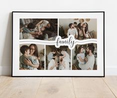 a family photo collage with the word family in four different pictures, framed on a wooden floor