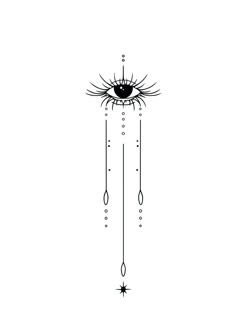 a black and white drawing of an eye hanging from the ceiling with drops of water