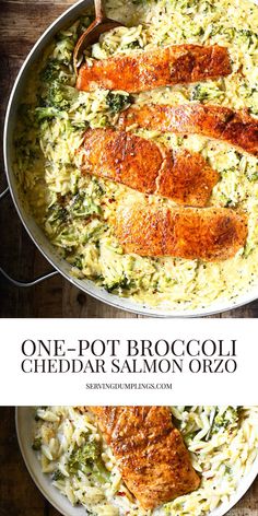 one pot broccoli cheddar and salmon orzo in a skillet