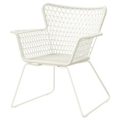 a white plastic chair with metal legs and an armrest, on a white background