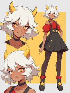 three different poses of an anime character with horns on her head and white hair, wearing red