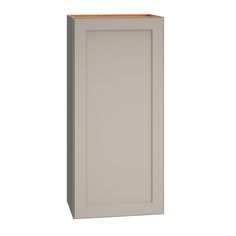 a gray cabinet with an orange top on a white background and the door is open