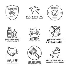 dog grooming and pet shop logo design templates set with cat, dog brush, hairdryer and other symbols