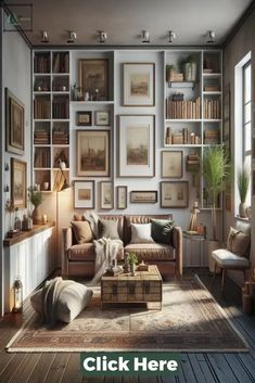 a living room filled with lots of furniture and pictures on the wall next to a coffee table