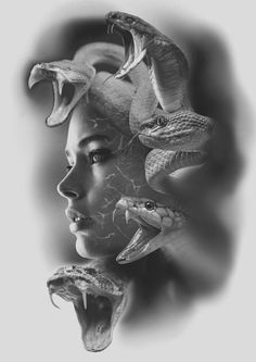 a woman's face with snakes on her head and the image is in black and white