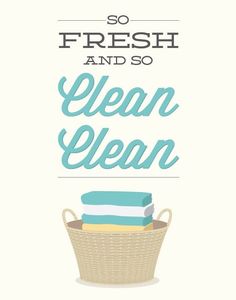 a poster with the words so fresh and so clean in blue on top of a basket