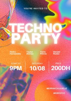 an event poster for a tech party with colorful shapes and neon colors on the background