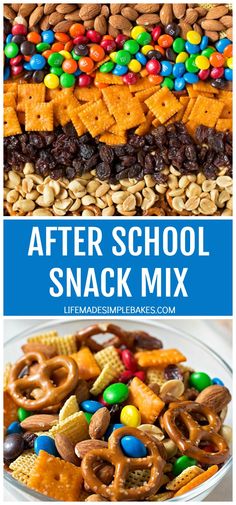 the before and after pictures of an after school snack mix with pretzels, m & ms