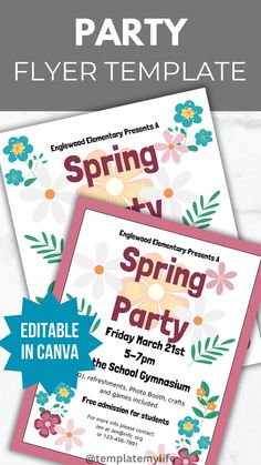 the spring party flyer is shown with flowers