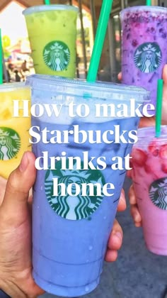 four starbucks drinks with the words how to make starbucks starbucks drinks at home on them