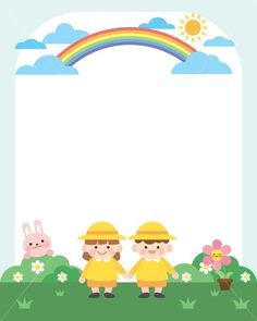 two children in yellow dresses and hats holding hands under a rainbow with flowers on the ground