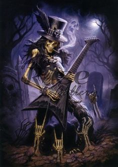 a skeleton playing an electric guitar in the dark