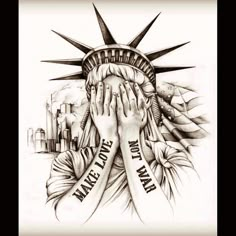 a drawing of the statue of liberty holding her hands to her face with words on it