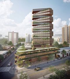 an artist's rendering of a tall building with lots of plants growing on it