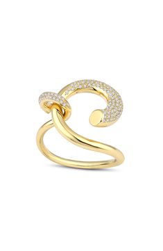 An interlocking silhouette inspired by cosmic balance gives sculptural shape to this polished ring detailed with 135 diamonds. Total diamond weight: 0.37ct. Color: F–G Clarity: VS 18k gold/diamond Made in Turkey >Diamond Guide Luxury Bypass Ring With Polished Finish, Luxury Gold Diamond Bypass Ring, Luxury Gold Bypass Ring With Diamond, Luxury Diamond Bypass Ring In Yellow Gold, Modern Twist Yellow Gold Diamond Ring With Accents, Luxury Diamond Bypass Ring, 3d Ring, Sculptural Ring, Gold Rings Jewelry