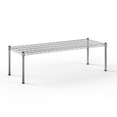 an empty metal shelf with two legs on the bottom and one leg up against it