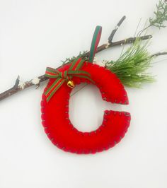 a red christmas ornament hanging from a twig with a green ribbon on it