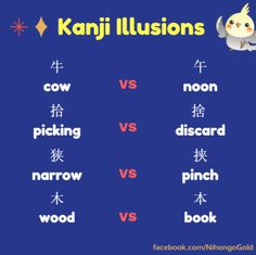 an image of kanji illusions and other words in english on a blue background