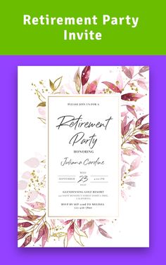 a purple and green retirement party card with flowers on the front, in gold foil