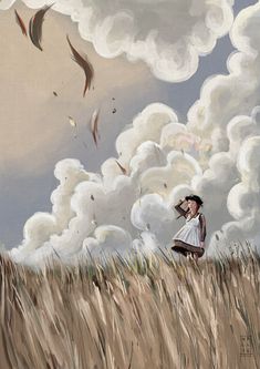 a painting of a woman in a field with birds flying above her and clouds behind her