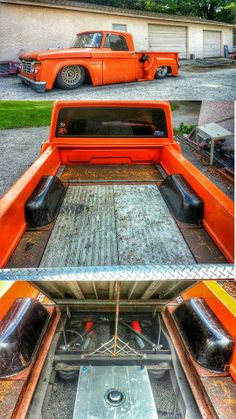 an orange pick up truck parked in front of a garage with the bed open and it's hood down