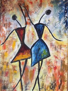 an abstract painting of two people holding hands