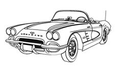 a drawing of an old car with the hood up and stripes on it's side