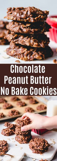 chocolate peanut butter no bake cookies stacked on top of each other with the title above it