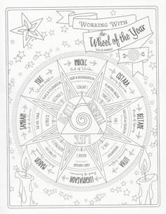 the wheel of the year coloring page with words and symbols on it, as well as stars