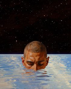 a man's head is submerged in water with stars above the ocean behind him