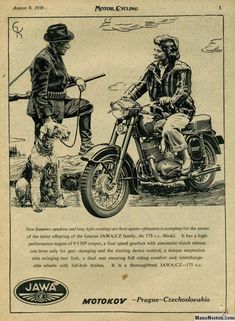 an old advertisement for jawwa motorcycles shows two men on a motorcycle with a dog