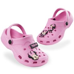 a pair of pink children's shoes with mickey mouse on them