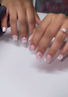 Short Square Nails With Charms, Nails Acrylic Short Charms, Square Nails With Charms, Short Acrylics With Charms, Short Acrylic With Charms, Cute Short Square Nails With Charms, Pink Square Nails With Charms, Short Birthday Nails, Boujie Nails