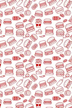 a bunch of hamburgers and hotdogs on a white background with red lines