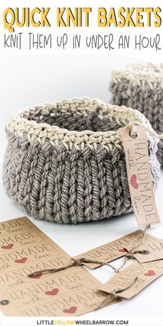 knitted baskets with text overlay that says free knitting pattern, knits up quick