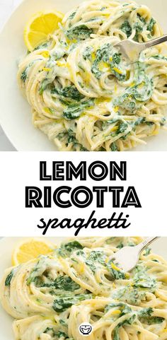 lemon ricotta spaghetti with spinach and parmesan cheese in a white bowl