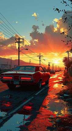 a painting of a red car parked on the side of a road near power lines